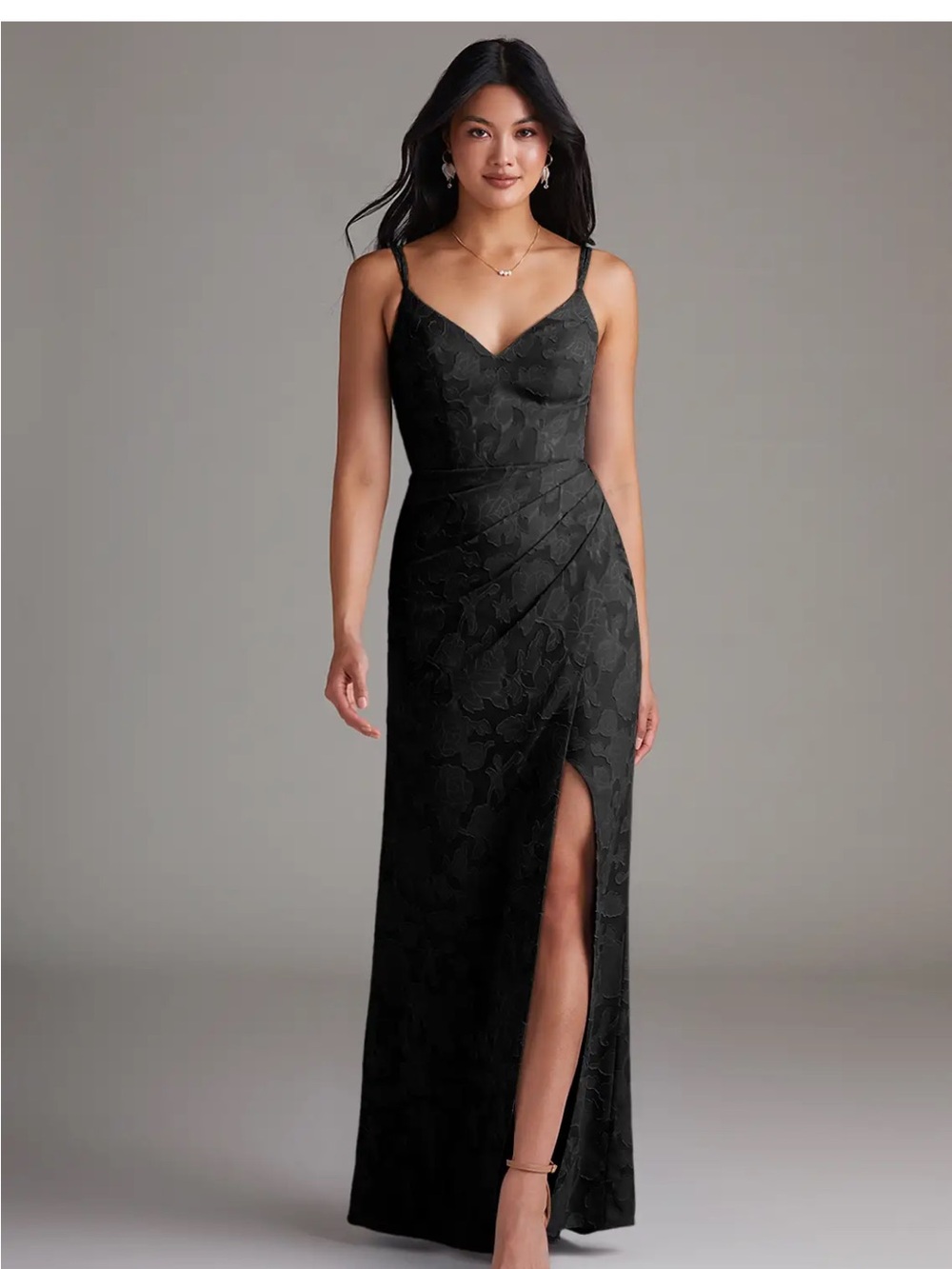 Black Floral V-Neck Spaghetti Strap Evening Dress “Leo Dress” from Azazie